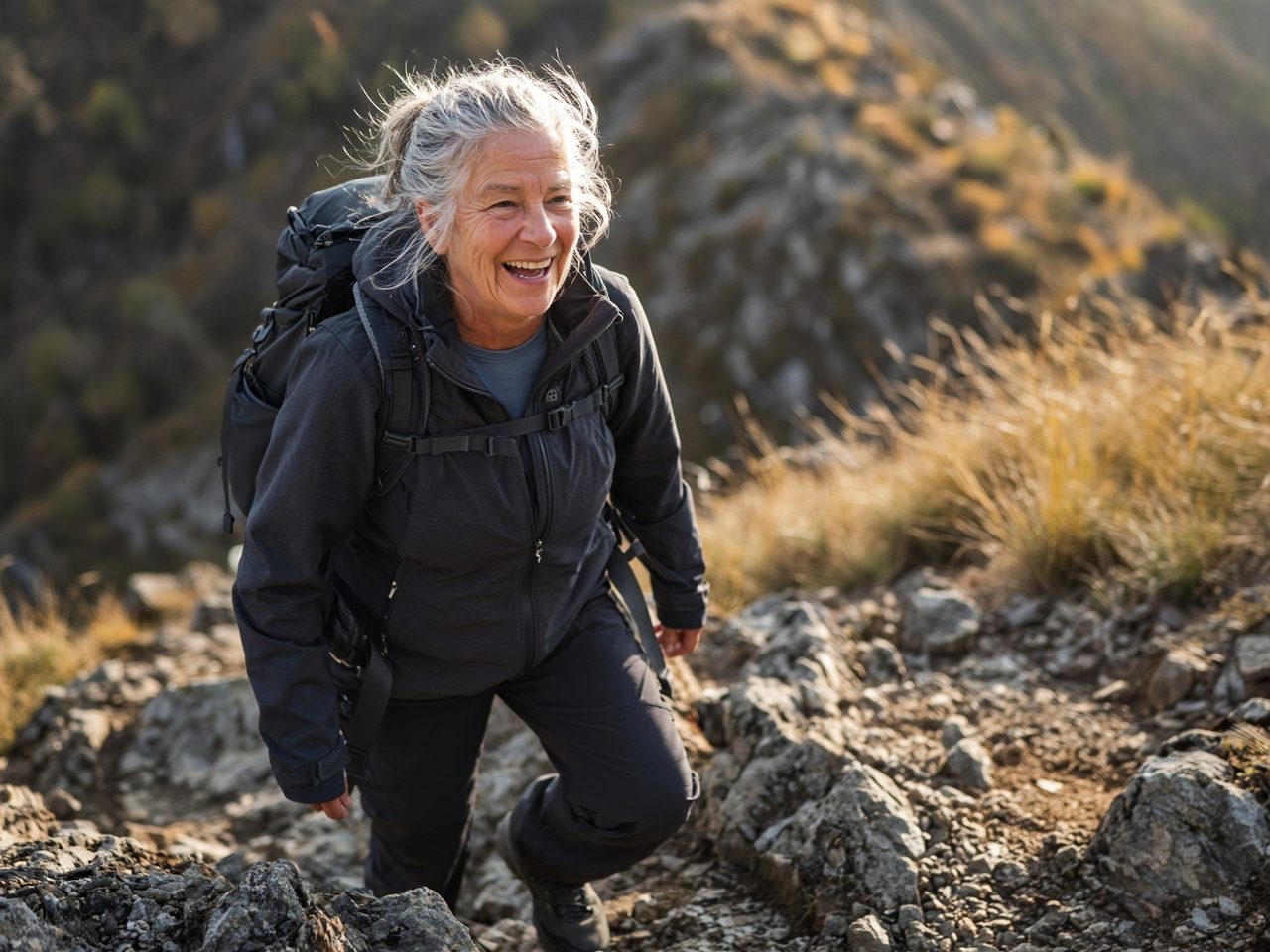 A woman in her fifties hiking uphill with a pack