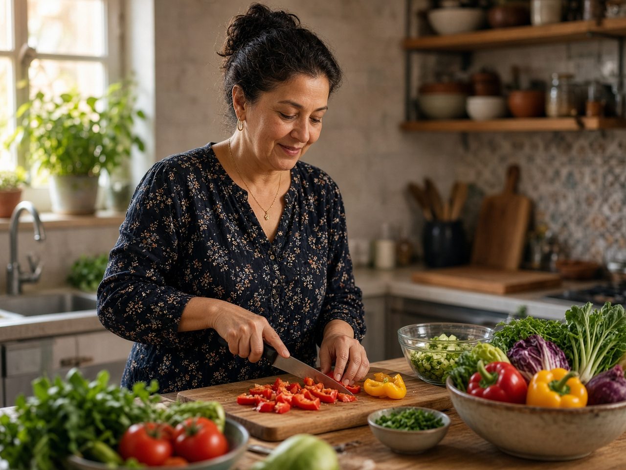Una mujer de cincuenta y tantos cocinando con verduras frescas